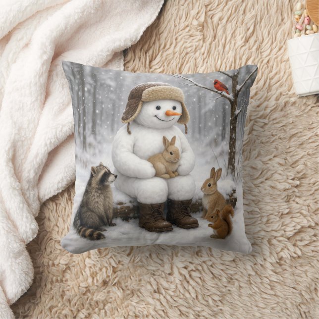 Coussin Snowman In Winter Woods With Animal Friends (Couverture)