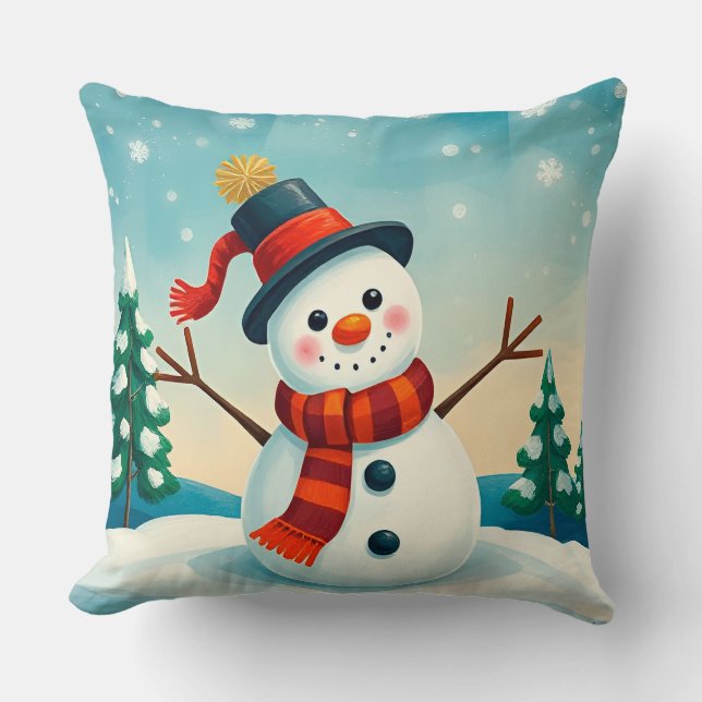 Coussin Snowman joyeux dans le paysage hivernal (Recto)