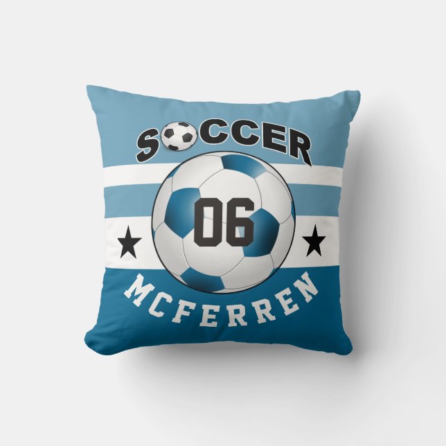 Coussin Soccer Sports Jersey Nom personnalisé Numéro| bleu (Recto)