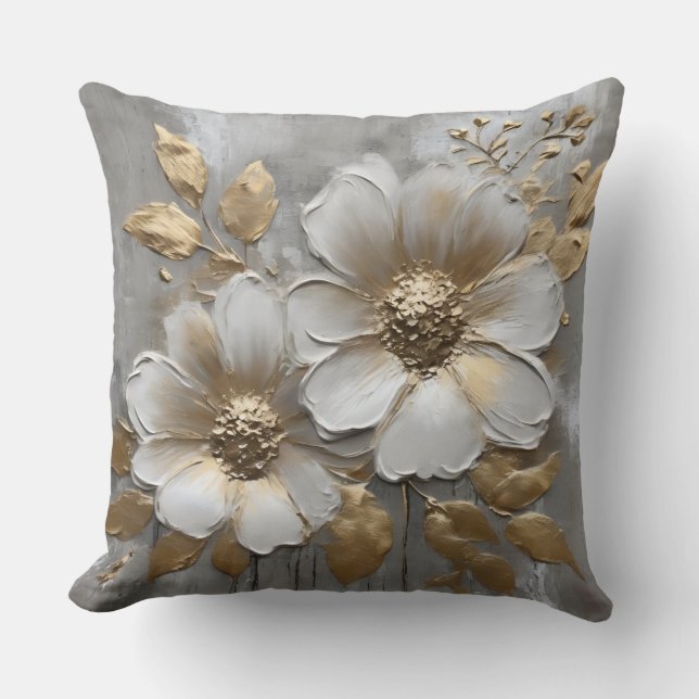 Coussin Soft Gold Gray White Modern Rustic Floral (Recto)