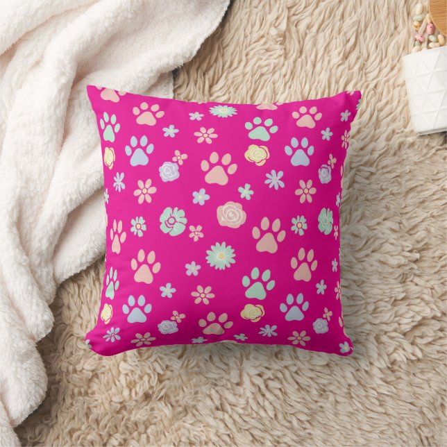 Coussin Soft Pastel Paw Prints and Flowers Pattern  (Couverture)