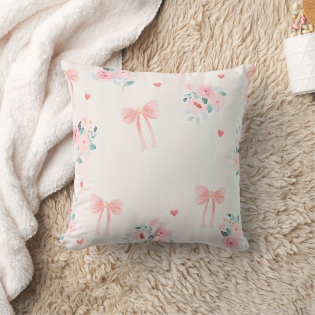 Coussin Soft Pink Floral & Bow Pattern – Cute Romantic  (Couverture)