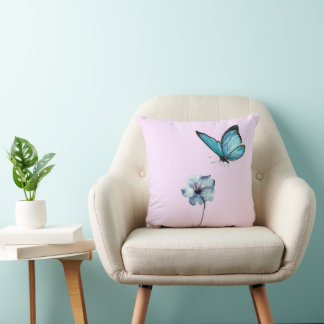 Coussin Soft Pink Pillow with Blue Flower and Butterfly
