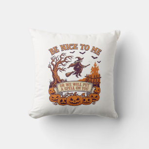 Coussin Soi Nice Moi Sorcière d'Halloween Balai Citrouille