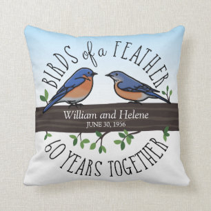 Coussin soixantième Anniversaire de mariage, oiseaux bleus