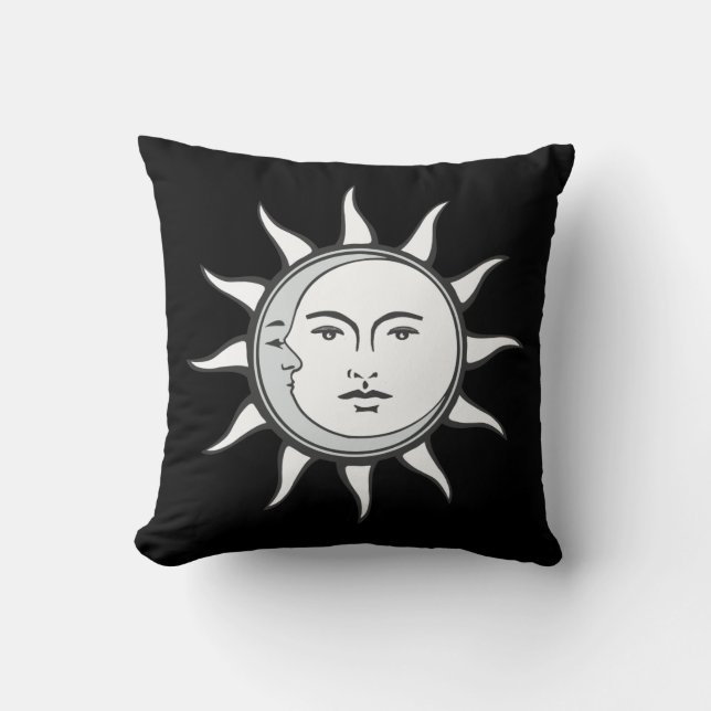 Coussin Soleil blanc et lune d'argent sur noir (Recto)