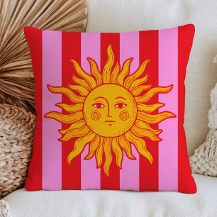 Coussin Soleil BOHO sur rayures rouges et roses maximalist