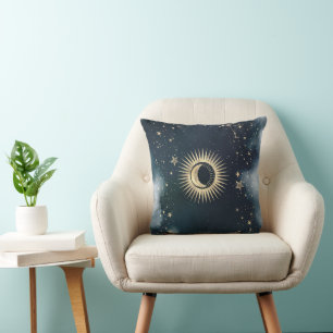 Coussin Soleil d'or céleste, Lune, Ciel nocturne étoilé