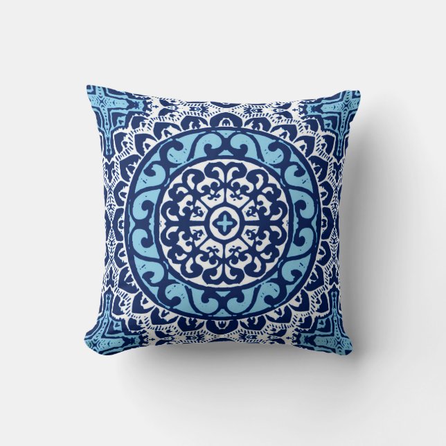Coussin Soleil du Sud-Ouest Mandala, bleu marine et blanc (Recto)