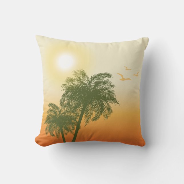 Coussin Soleil Orange Et Palmiers Vert Tropical Été (Recto)