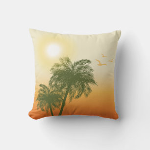 Coussin Soleil orange et palmiers verts Été tropical