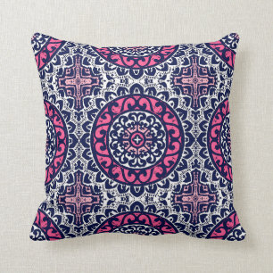 Coussin Soleil Sud-Ouest Mandala, Fuchsia, Navy & White