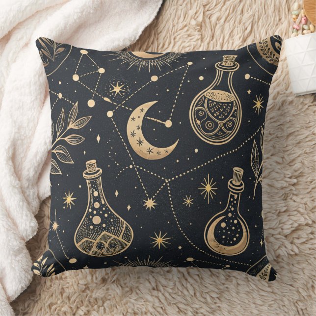 Coussin Sorcelerie céleste - Lune d'or, flacons de potion (Couverture)