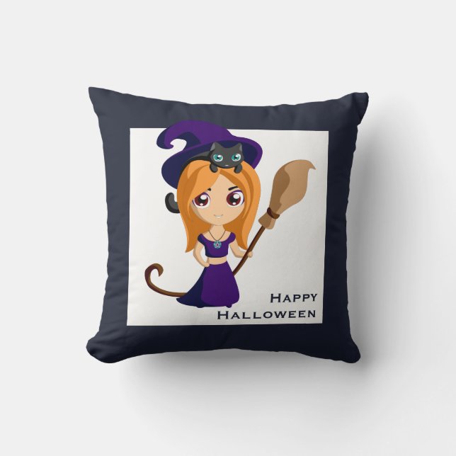 Coussin Sorcière mignonne en Casquette violet Halloween (Recto)