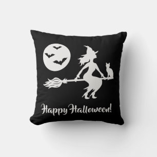 Coussin Sorcière volant sur un balai simple noir et blanc