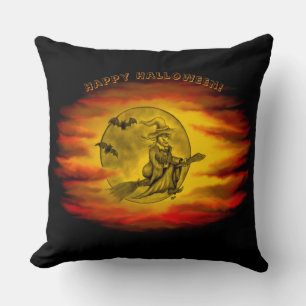 Coussin Sorcière volante avec chat noir, nuit halloween