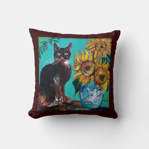 COUSSIN SOUCHES AVEC CHAT NOIR EN TURQUOISE BLEUE