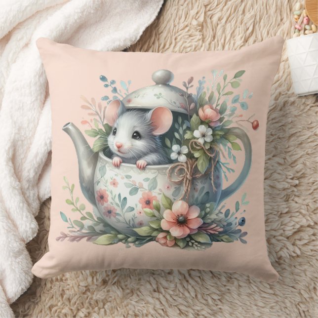 Coussin Souris mignonne en théière florale Illustration (Couverture)