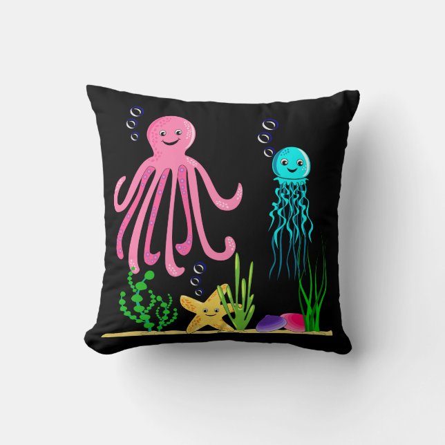 Coussin Sous les vagues Créatures de la mer Noir Cushion (Recto)