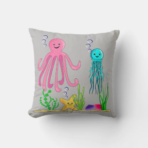 Coussin Sous les vagues de la mer Créatures Grey Cushion
