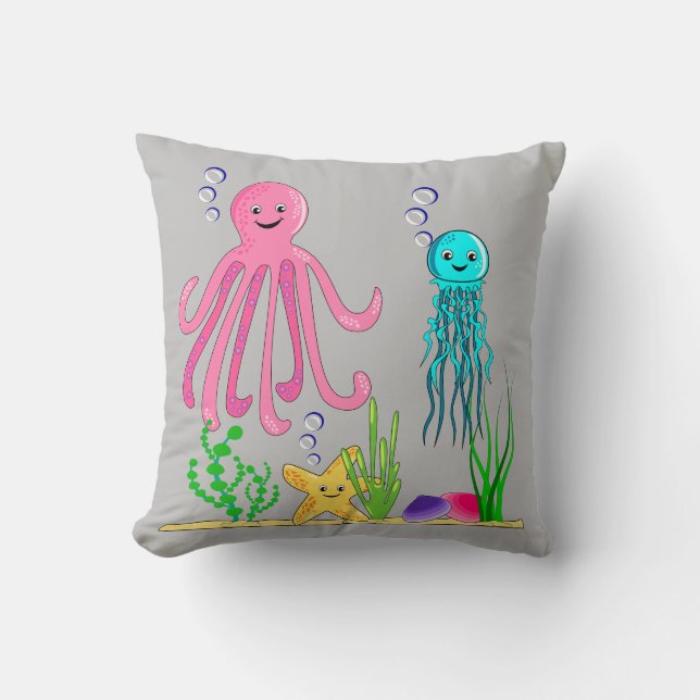 Coussin Sous les vagues de la mer Créatures Grey Cushion (Recto)