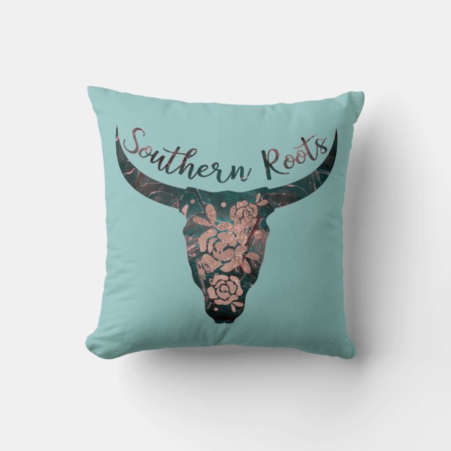 Coussin Southern Roots Country Longhorn Rose & Green (Recto)