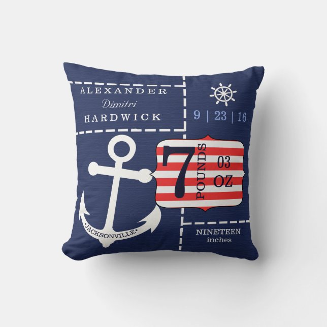Coussin Souvenir bleu de stat de naissance d'Ancre (Recto)
