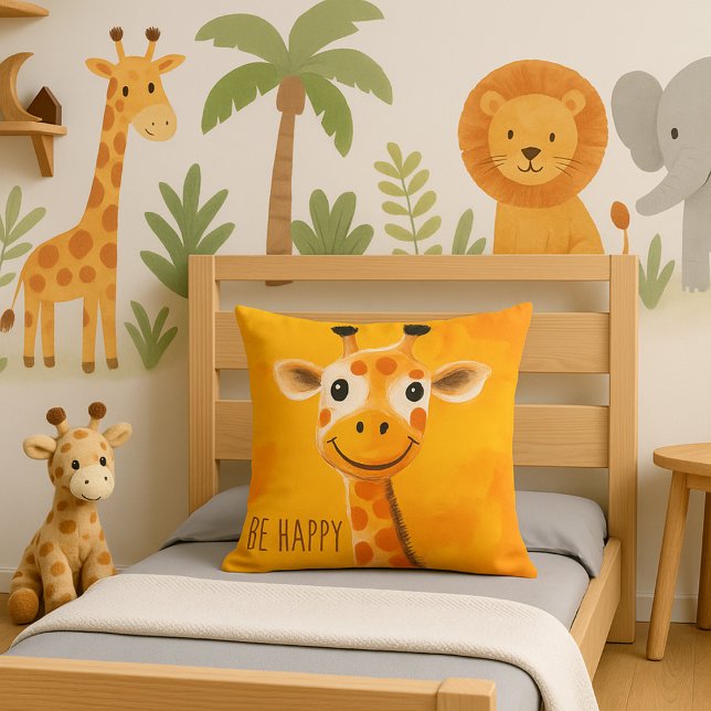Coussin Soyez heureux Giraffe Jaune Orange Enfants Motivat (Créateur téléchargé)