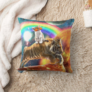 Coussin Space Galaxy Cat Riding Tiger sur Pizza