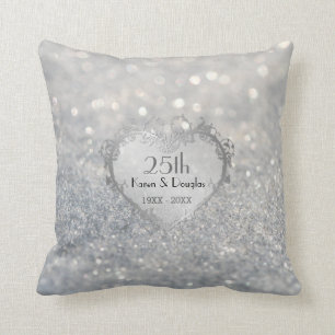 Coussin Sparkle Coeur d'argent 25e anniversaire Mariage