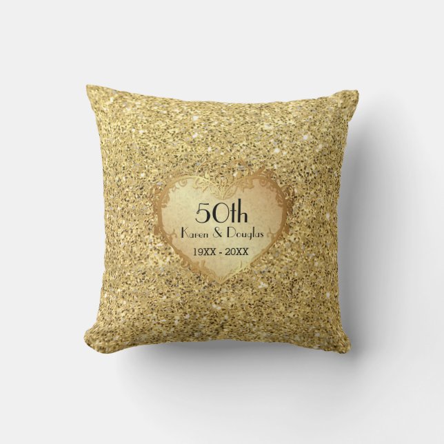 Coussin Sparkle Gold Heart 50e anniversaire de Mariage (Recto)