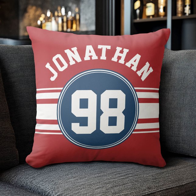 Coussin Sports Jersey Navy Blue & Red Stripes Nom Numéro (Custom Sporty Pillow)