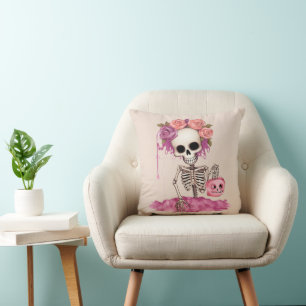 Coussin Squelette avec couronne de roses crème Halloween