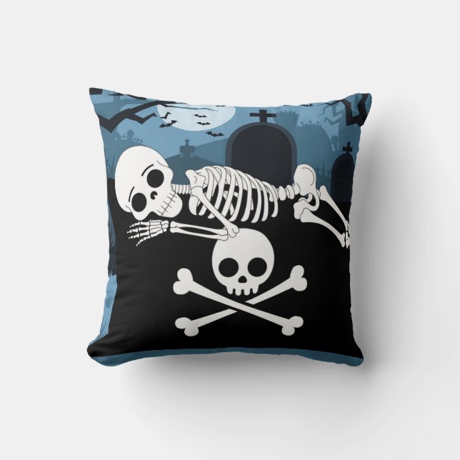 Coussin Squelette posé sur le noir Halloween Lumbar (Recto)