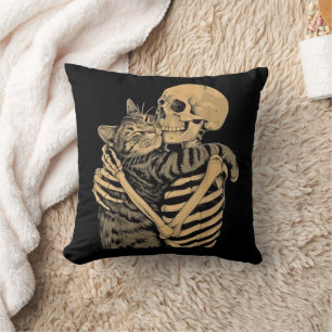 Coussin Squelette qui étreint un chat – Cadeau mignon pour