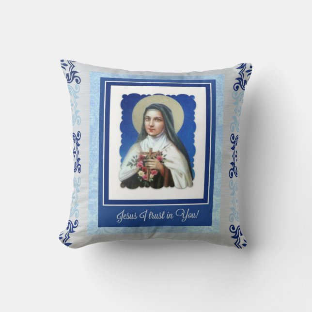 Coussin St bleu Therese la petite fleur avec la citation (Recto)