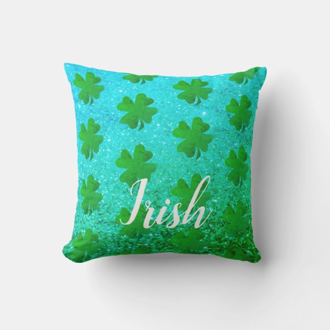 Coussin St Patrick's Day Glittery Blue Green Shamrock Leaf (Recto)