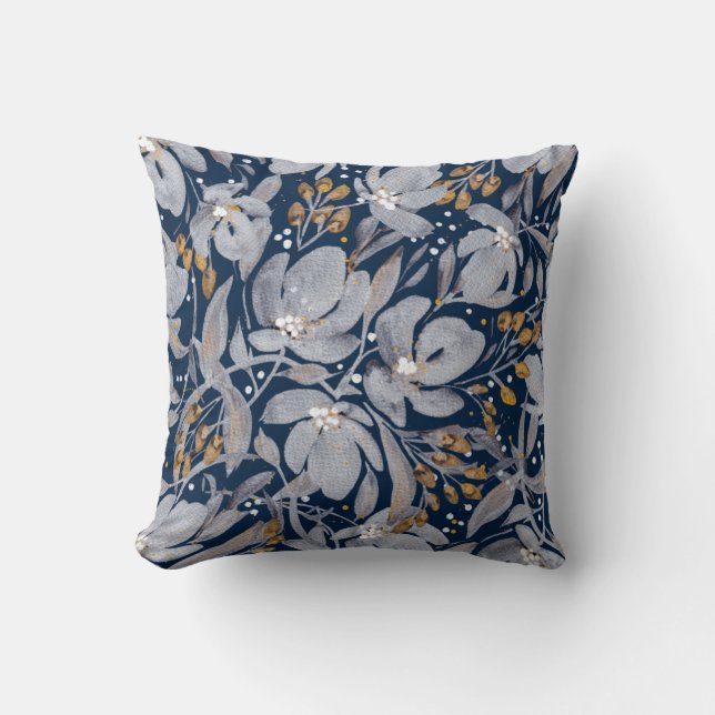 Coussin Stand Out-Silver et Gold Floral sur Midnight Blue (Recto)