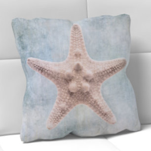 Coussin Starfish distressed Coastal Blue Cream Watercolor