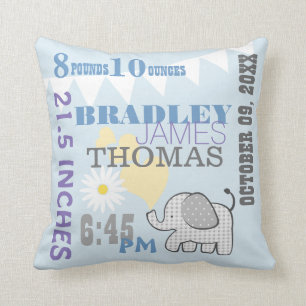 Coussin Statistiques de naissance Bébé Bleu Anniversaire P
