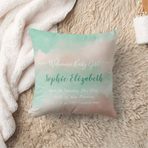 Coussin Statistiques de naissance de bébé fille Cloud Rose