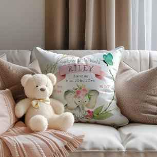 Coussin Statistiques de naissance de bébé fille Éléphant m