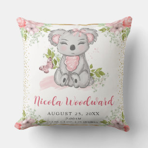 Coussin Statistiques de naissance de bébé koala floral aqu