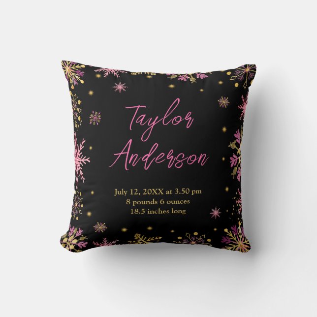 Coussin Statistiques de naissance de flocons de neige doré (Recto)