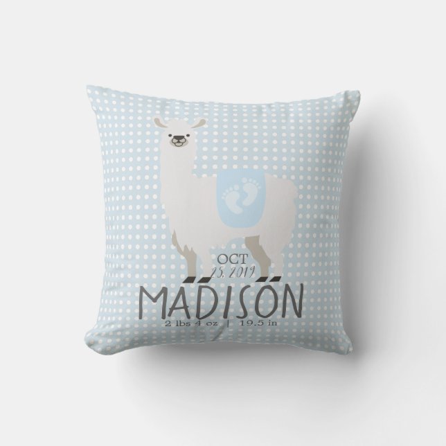 Coussin Statistiques de naissance de lama bleu et non blan (Recto)