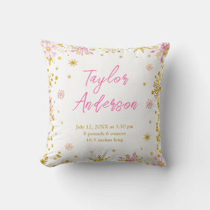 Coussin Statistiques de naissance en flocons de neige rose