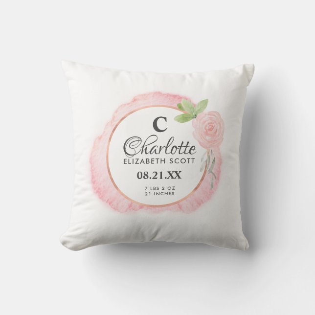 Coussin Statistiques de naissance florale rose pâle (Recto)