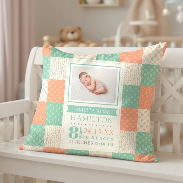 Coussin Statistiques de naissance Photo Bébé (Birth Stats Photo Baby Throw Pillow)