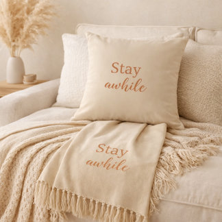 Coussin Stay Awhile Pillow Warm Sand Terracotta Typography