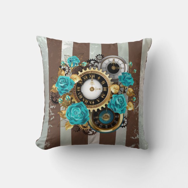 Coussin Steampunk Clock and Turquoise Roses on Striped (Recto)